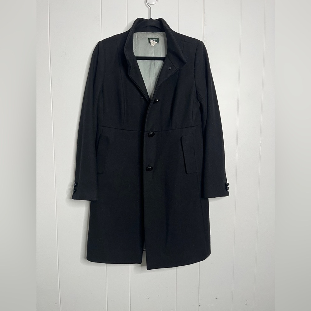 J. Crew Factory Black Wool Blend Dress Coat with Funnel Neck Fitted Waist Size 6